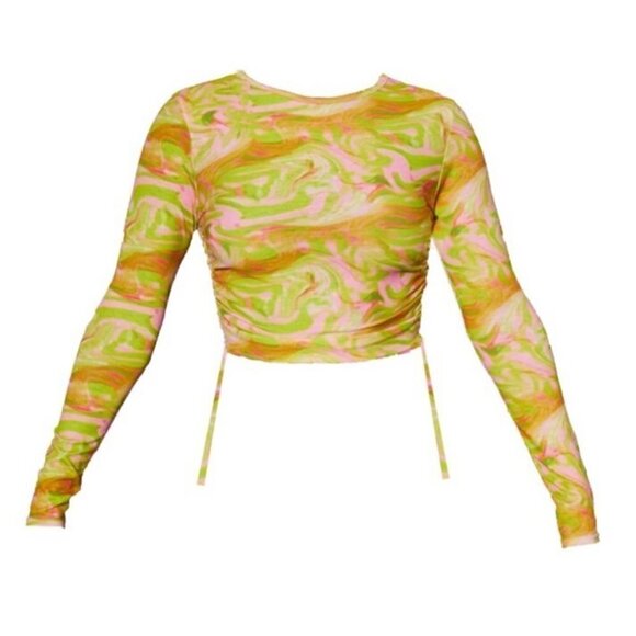 PrettyLittleThing, Green Swirl Jersey Tie Ruched Side Crop Top. Size: 2 (US) NWT - Picture 8 of 8
